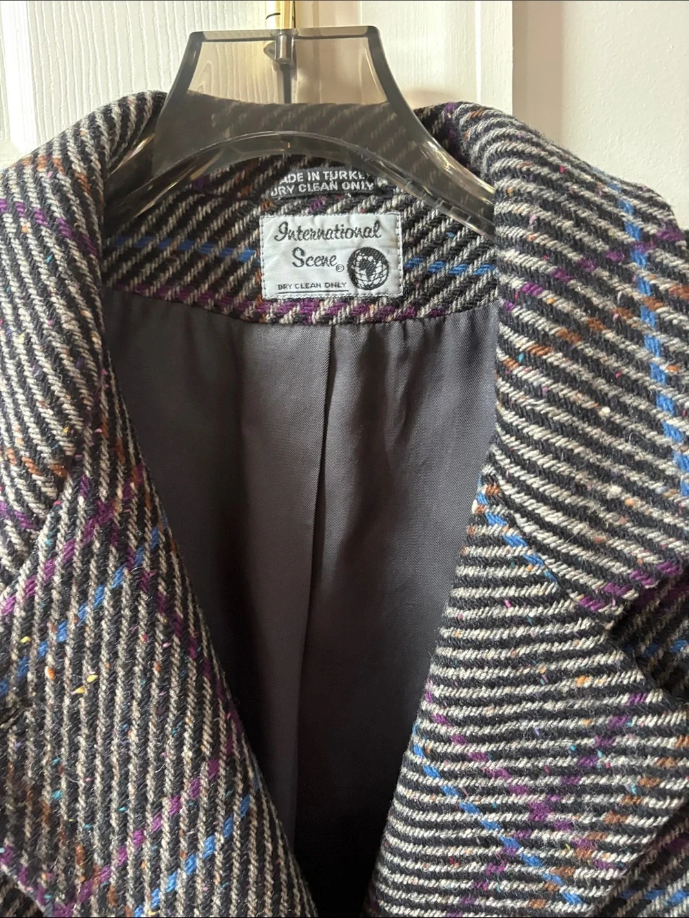 VTG Pure Wool Gray Tweed Plaid Coat Made in Turkey Womens Sz 9/10